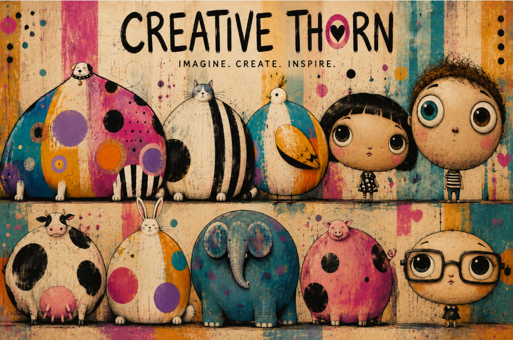 CreativeThorn folk-art painting of whimsical animals and children on a striped, weathered wooden backdrop